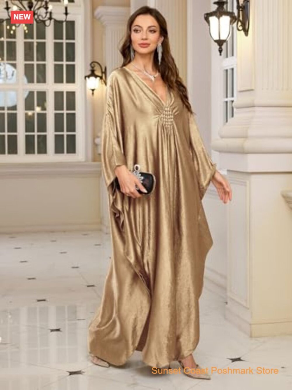 Solid Chiffon Plus Size Kaftan Dress Maxi Beach Cover Up Batwing Sleeve - Picture 2 of 7